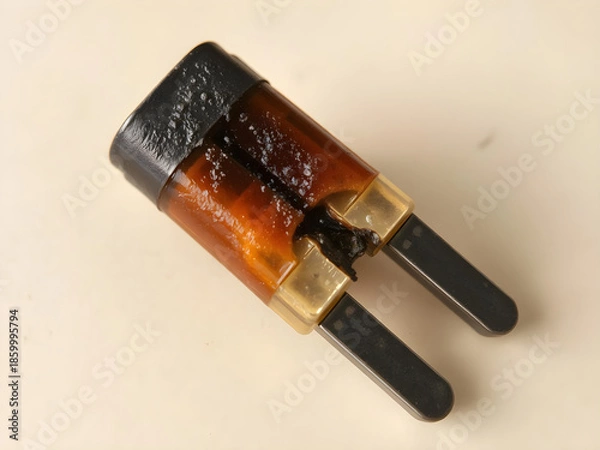 Obraz A burnt out battery is sitting on a white surface