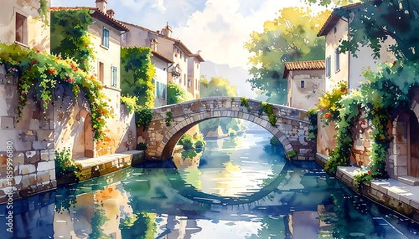 Obraz 石橋と水路のある町_generated by AI