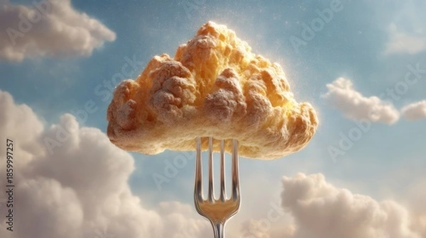 Obraz A fork pierces a fluffy bread shaped like a floating cloud, positioned centrally against a pristine backdrop. Subtle spotlighting