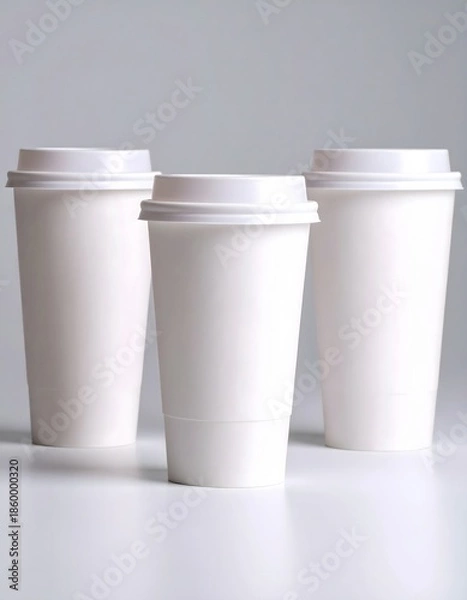 Obraz Three White Coffee Cups with Lids on a Light Gray Background