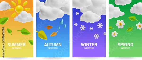 Fototapeta Weather forecast widget with various seasons 3D design, winter, summer, spring and autumn, sunny rainy, snow meteorology