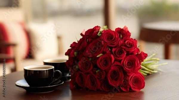 Obraz Red rose bouquet in cafe