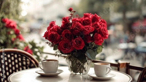 Obraz Red rose bouquet in cafe