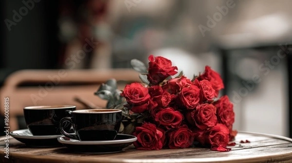 Obraz Red rose bouquet in cafe