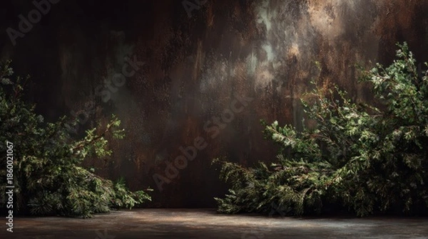 Fototapeta Rustic Dark Textured Background with Evergreen Branches and Copy Space.