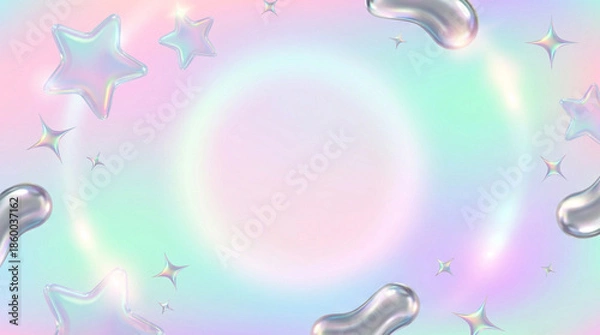 Fototapeta メタリックな星と3dモチーフ、オーロラカラーの幻想的な背景