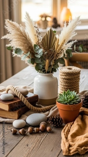 Obraz Cozy Natural Decor with Dried Plants and Rustic Elements on Table