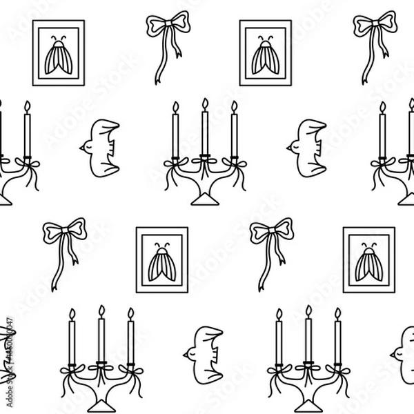 Obraz Whimsical hand drawn vintage seamless pattern. Cozy doodle pattern.