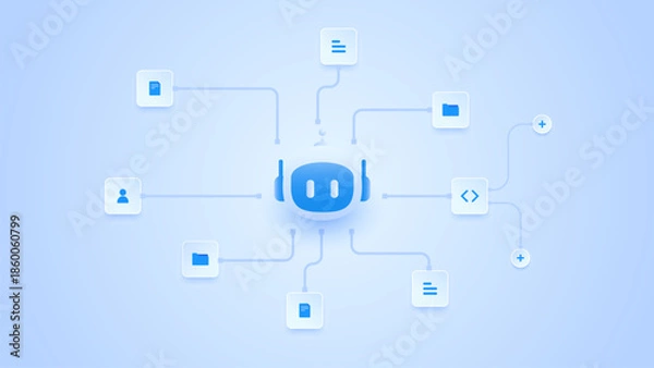 Obraz AI workflow automation artificial intelligence. ai agent network diagram connecting data source, user input, coding, and automation system.