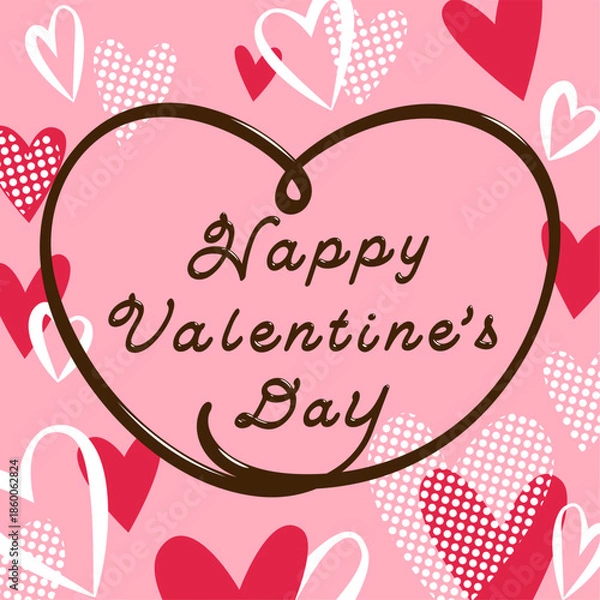 Obraz チョコレートのようなつやつやテクスチャーの文字が入ったハートがいっぱいのバレンタインカード　ベクターイラスト