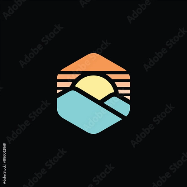 Obraz Abstract Hexagonal Landscape with Sun Setting Over Mountains and Water