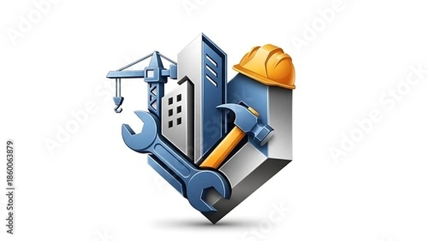 Obraz 3D Construction and Engineering Icon Featuring Building, Crane, and Tools