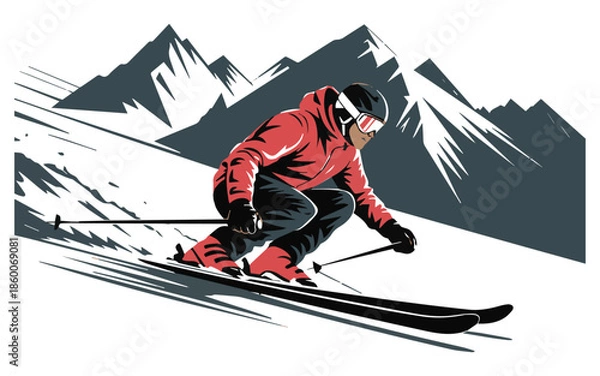 Obraz Skier in red jacket speeding down snowy mountain slope