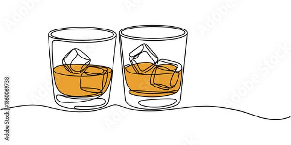 Obraz Whiskies and ice, Scotch on the rocks in glasses. Whiskey and soda, Continuous one line drawing vector illustration., Whiskey glass with ice cubes isolated on white background in a minimalist one line