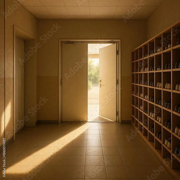 Obraz 一日の終わりを告げる光が差し込む美しい学校の下駄箱