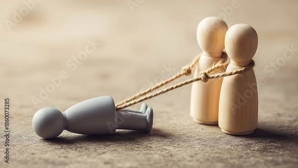 Obraz Wooden figures connected by string representing support teamwork and connection