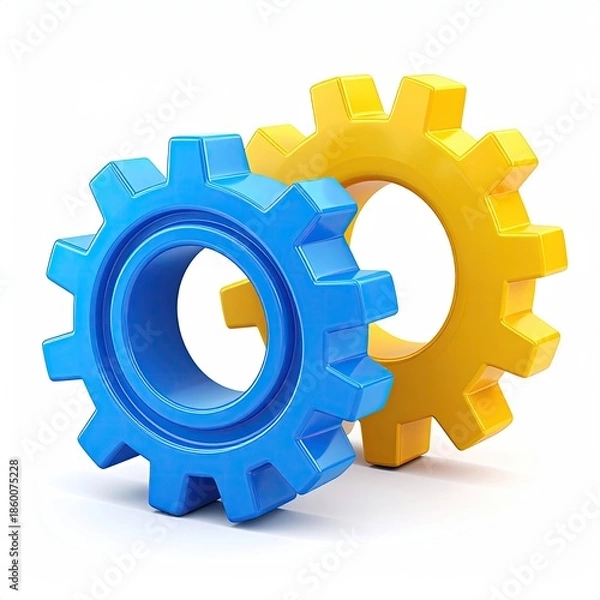 Obraz Two interlocking colorful gear wheels on a white background