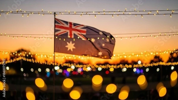 Obraz Australian flag waving at sunset behind string lights