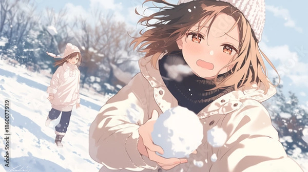 Fototapeta 雪合戦を楽しむアニメ美少女2人　冬の雪原ではしゃぐイラスト
