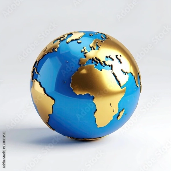 Fototapeta Glossy globe in blue and gold, against a bright white backdrop
