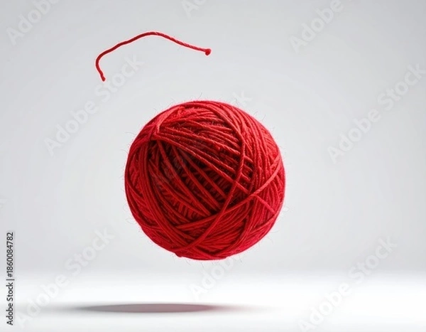 Obraz Floating red yarn ball with loose thread, soft focus, grey background