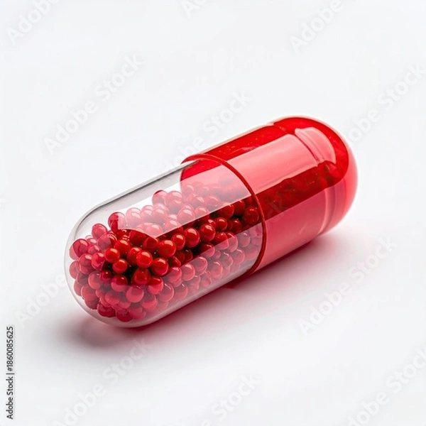 Obraz A large, translucent capsule filled with many small, red spherical objects