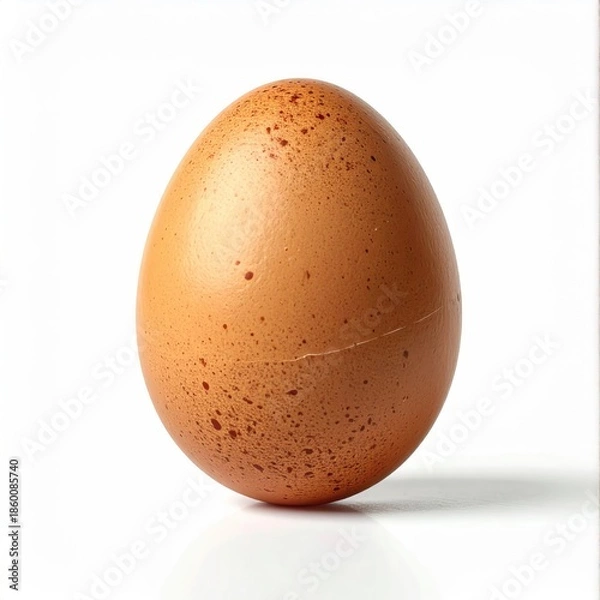 Fototapeta Single brown speckled egg, slightly cracked, against a white background