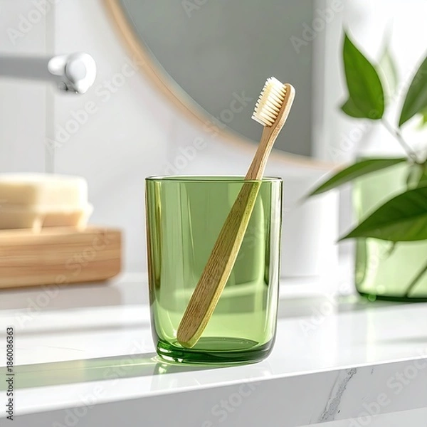 Fototapeta A toothbrush stands in a green glass, bathroom setting, minimalist aesthetic