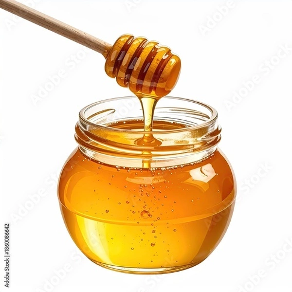 Fototapeta A jar of golden honey with a dipper dripping sweet, viscous liquid