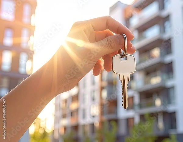 Fototapeta Hand holding house key against modern building and bright sun