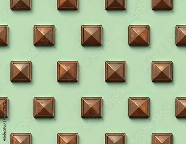 Fototapeta Repeating pattern of bronze, pyramid-shaped objects on a light green backdrop