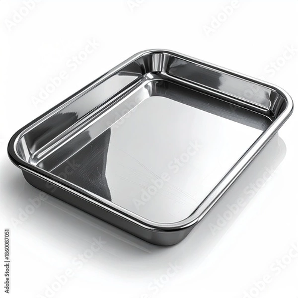 Obraz Shiny, stainless steel rectangular baking pan on a clean white surface