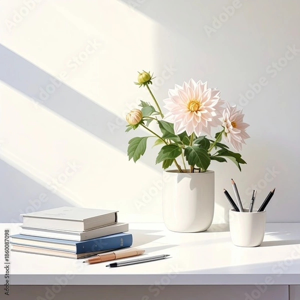 Fototapeta Floral still life on a white desk bathed in sunlight