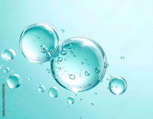 Fototapeta Clear, spherical droplets float against a soft blue-green gradient background