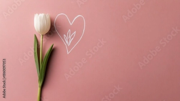 Obraz Elegant White Tulip with Green Leaves and White Heart on Pink Surface