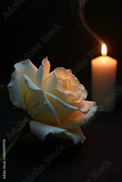 Obraz Single white rose by candlelight