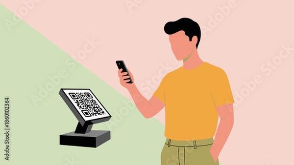 Obraz Man scanning QR code on digital display with smartphone.
