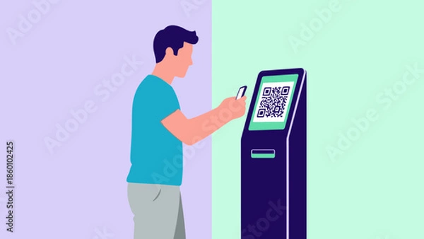 Obraz Man scanning QR code on digital kiosk with smartphone.