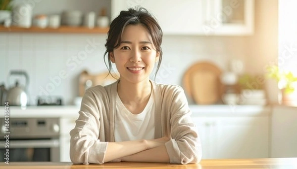 Obraz キッチンで微笑む女性のポートレート