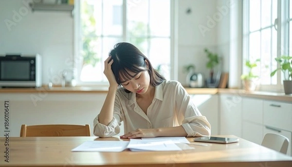 Obraz テーブルに資料を広げ悩む女性