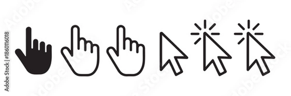 Obraz Black mouse arrow and hand cursor icons set for web design and user interface navigation development