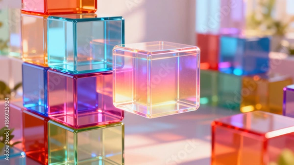 Obraz Colorful Transparent Cube Stacking 3D Minimalist Scene