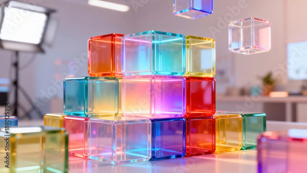 Obraz Colorful Transparent Cube Stacking 3D Minimalist Scene