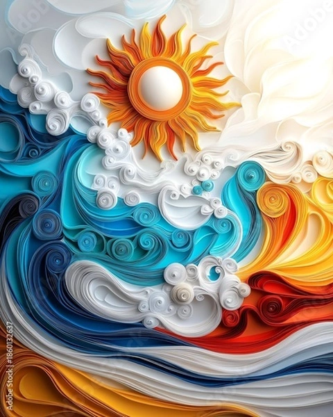 Obraz Colorful abstract waves with sun and clouds.