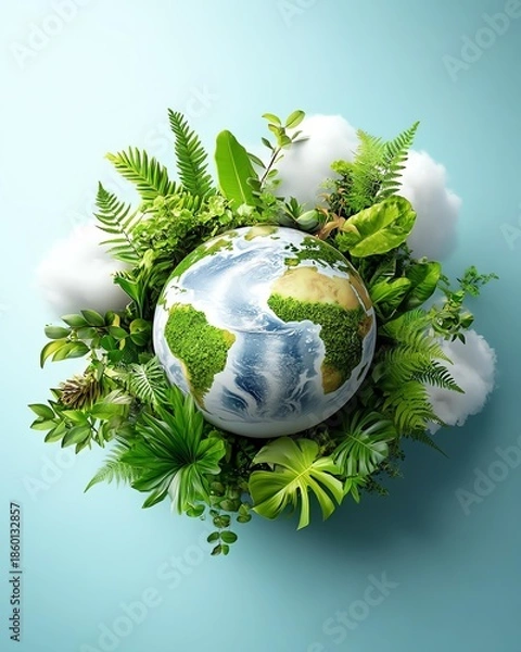 Obraz A globe surrounded by lush green plants.
