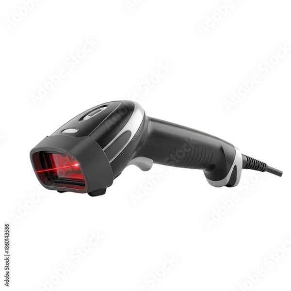 Obraz Barcode scanner with red laser beam on black background