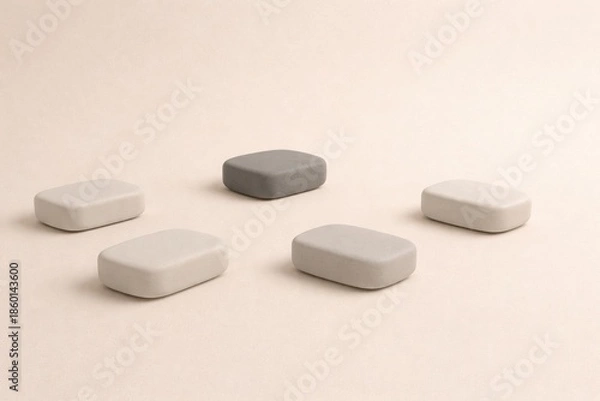 Fototapeta Asymmetric layout of five matte horizontal 3D blocks on soft beige background, distributed system structure with equal modular elements, premium SaaS or enterprise visual