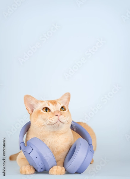 Obraz A ginger cat with wireless headphones