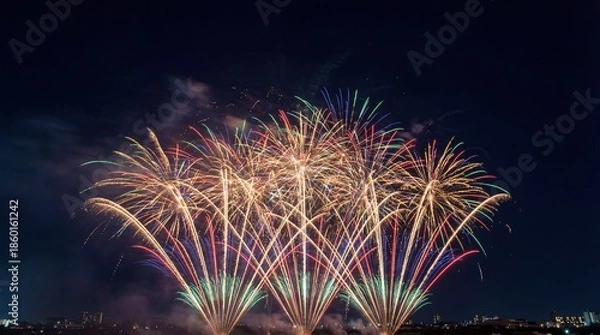 Fototapeta Vibrant Multi-Color Fireworks Display Exploding Over City Skyline at Night