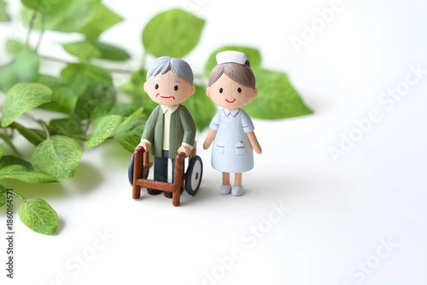 Obraz 緑の中を散歩する車椅子利用者と介護士のやさしい時間（3D）／まみおデザイン福祉シリーズ
